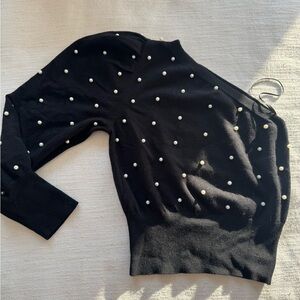 Black One Shoulder Sweater with Pearl Embellishments